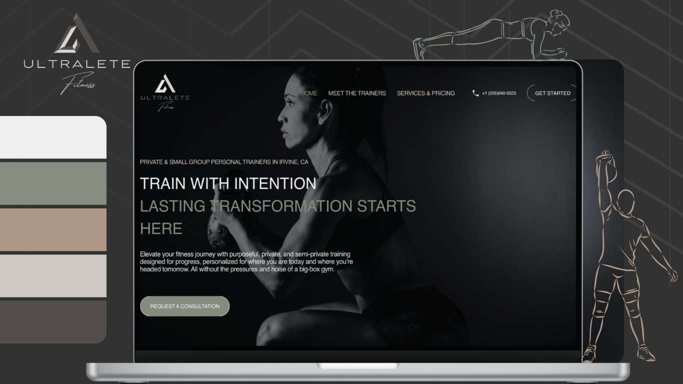 A laptop displaying the homepage of Ultraleté Fitness, a personal training service, with a dark background, a profile image of a woman, and outline illustrations of different exercise poses on the backdrop.