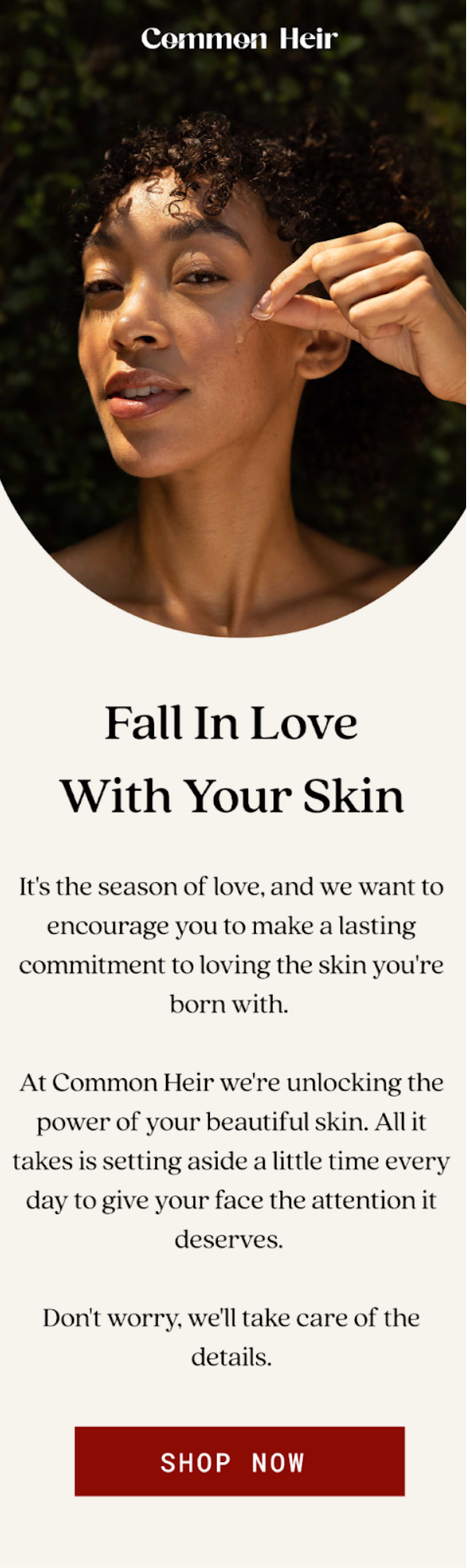 A woman with curly hair applying skincare and smiling outdoors, promoting skin love and care.