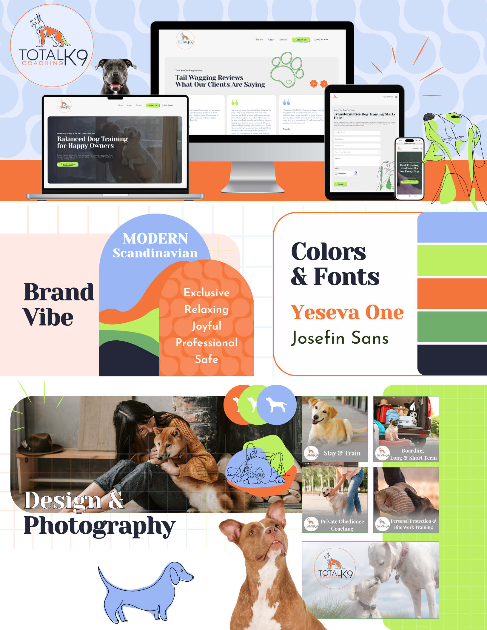 A colorful infographic showcasing a dog coaching business, with images of dogs, a website interface, branding colors, and fonts, emphasizing training and photography services.