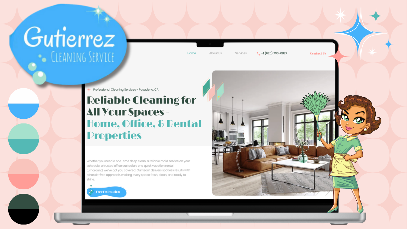 A digital illustration of a laptop displaying a cleaning service company's website, with a cartoon woman holding a duster in front of it, and a pink patterned background with colorful circles and sparkles.