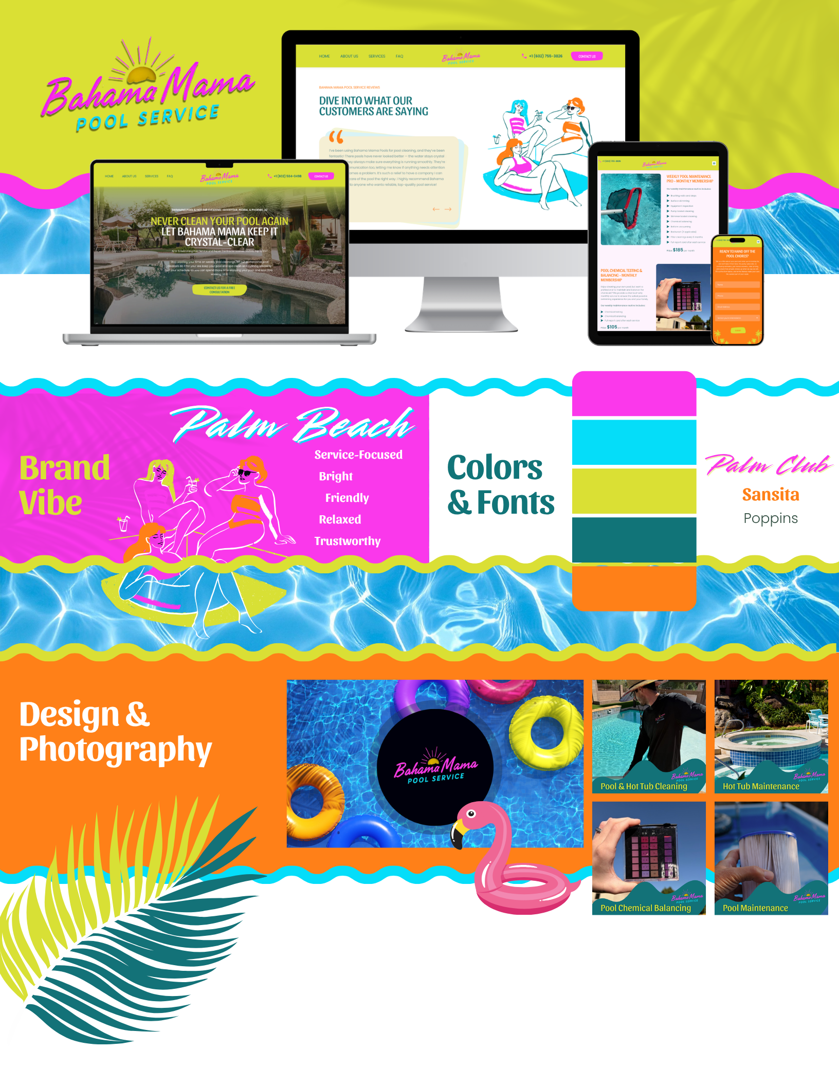 Colorful digital graphic design layout for Bahama Mama Pool Service, showcasing website screens, a color palette, a logo with floating pool toys, and images of pool cleaning and maintenance services, with a tropical theme featuring palm leaves and wa