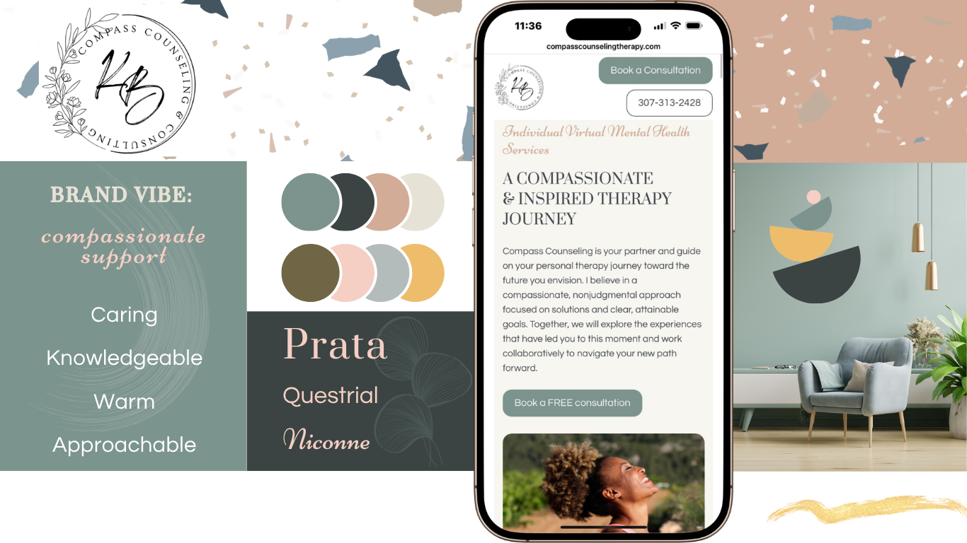 Screenshot of a mobile webpage for Compass Counseling & Consulting, showing mental health services, contact information, and a calming interior with abstract wall art and modern furniture in a light green room.