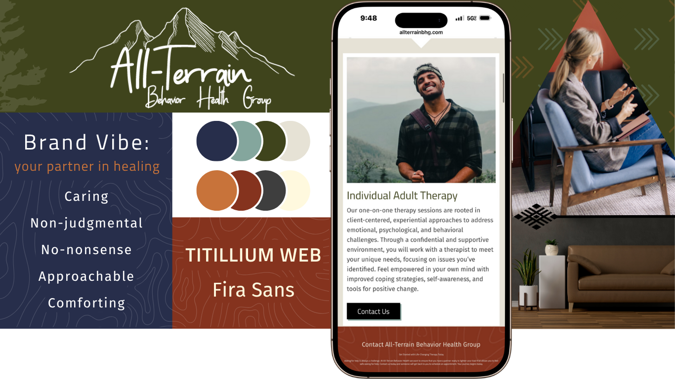A promotional flyer for All-Terrain Behavior Health Group featuring a color palette, brand values, and a smartphone displaying therapy services. The flyer has images of a smiling man outdoors and a woman sitting in a chair using a tablet, set against
