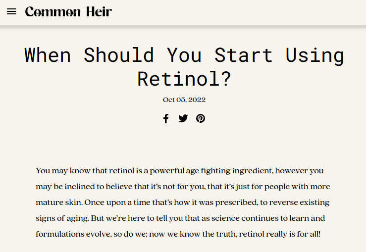 Blog post titled 'When Should You Start Using Retinol?' published on October 5, 2022, with social media icons for Facebook, Twitter, and Pinterest.