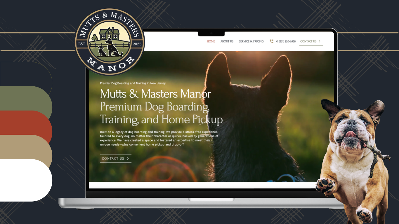 Website homepage for Mutts & Masters Manor, a dog boarding, training, and home pickup service, with a large photo of a dog facing away and a bulldog jumping in front, set in a dark patterned background with a round logo at the top left.