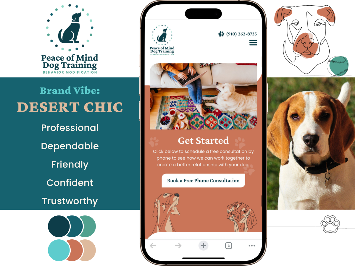 A promotional image for Peace of Mind Dog Training featuring a smartphone screen displaying a website with a dog and person, along with dog illustrations and photographs of dogs, including a close-up of a beagle.