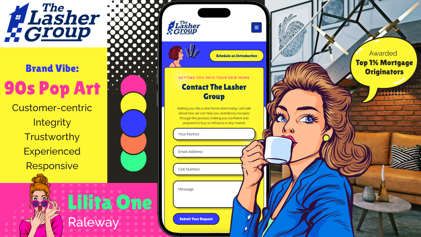 Bright, colorful graphic design for The Lasher Group featuring 90s pop art style. Includes a smartphone mockup displaying a contact form, a woman sipping coffee or tea in a comic-style illustration, and decorative elements like patterned backgrounds, speech bubble with 'Awarded Top 1% Mortgage Originators,' and text emphasizing brand values of customer focus, integrity, and trustworthiness.