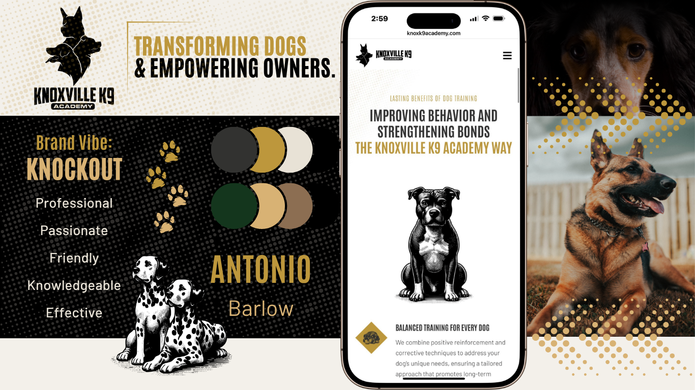 Design promoting Knoxville K9 Academy, featuring images of dogs, dog training information, and branding elements.