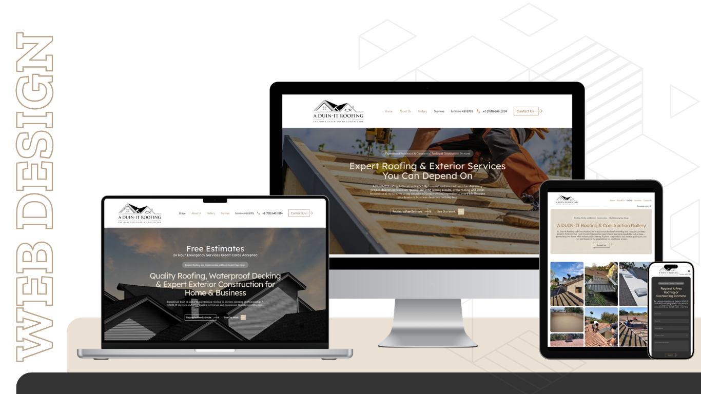Multiple digital screens displaying a roofing company's website with images of roofing projects and services.