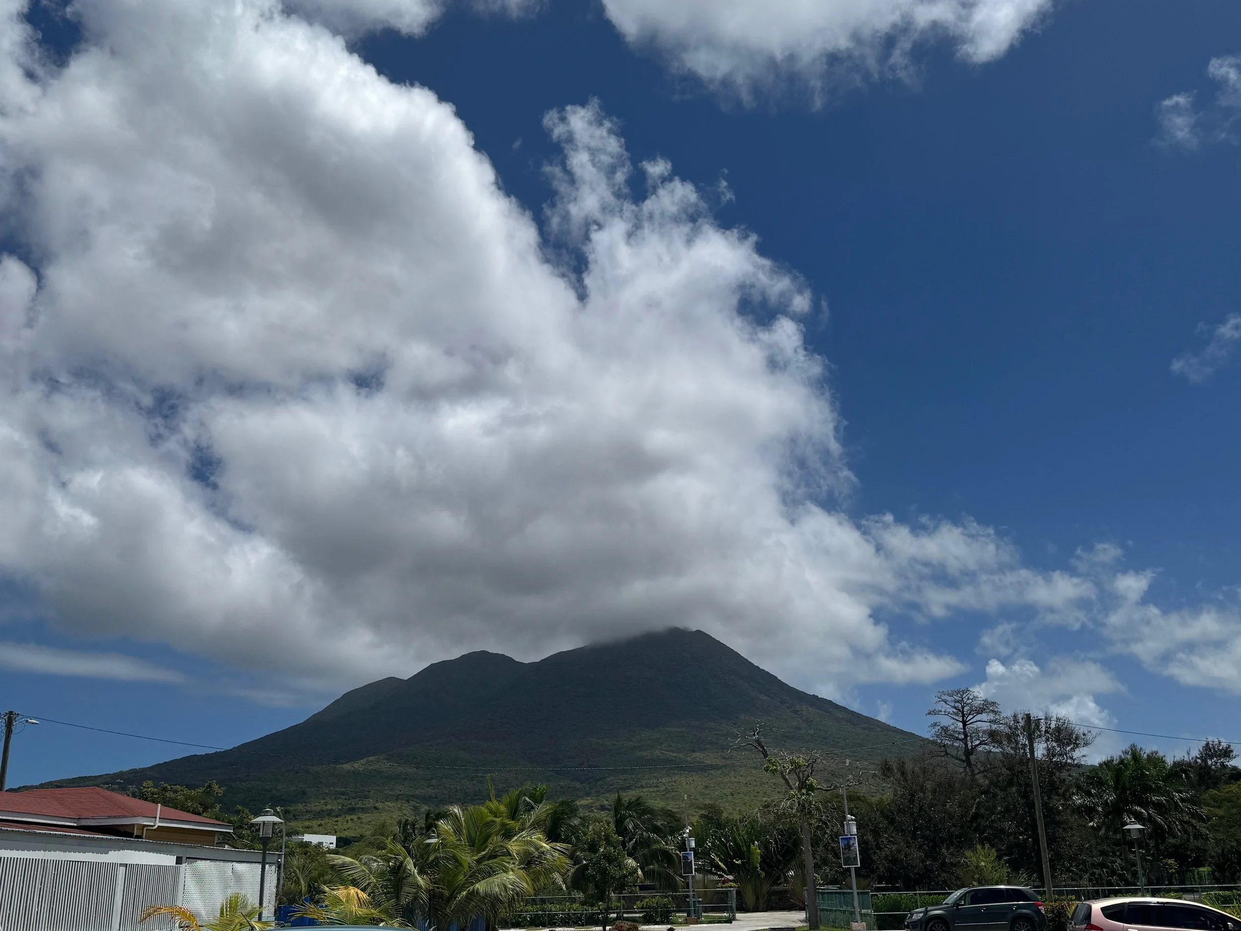 Mount with cloudy sky and scattered trees and cars in the foreground