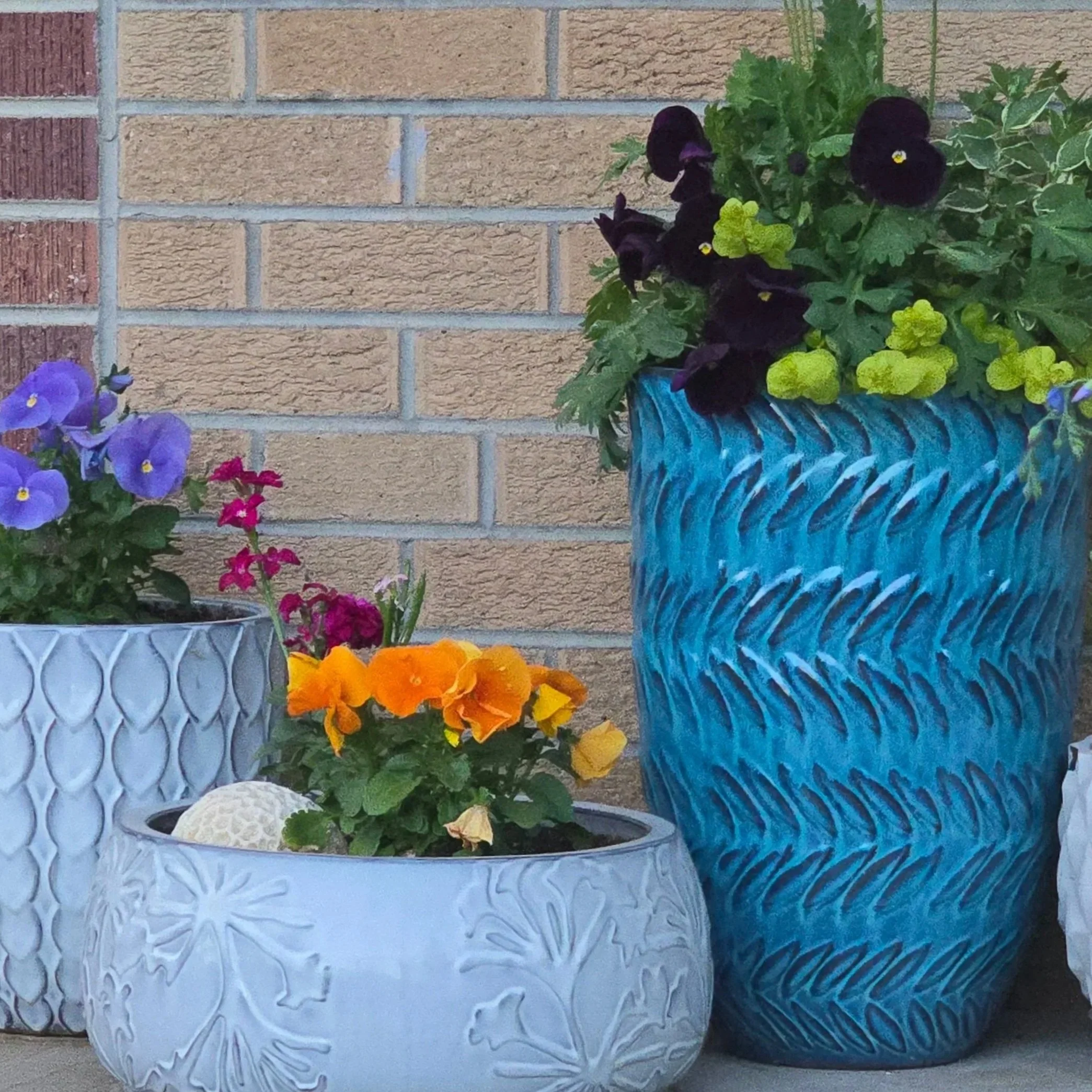 Colorful flower pots with blooming pansies and other flowers against a brick wall.