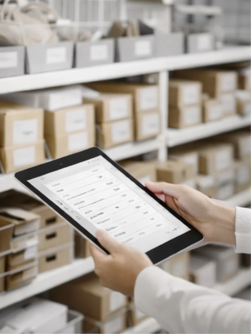 Person holding a tablet with inventory management app, standing in front of shelves filled with organized boxes.