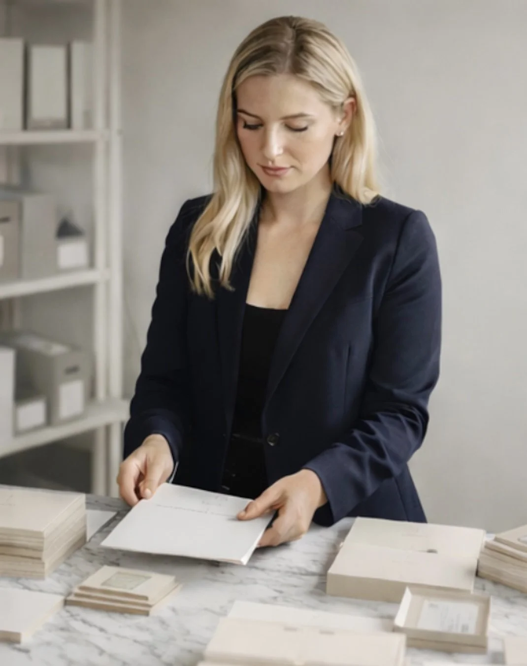 A woman in a black blazer organizing papers and folders on a marble table in an office.
