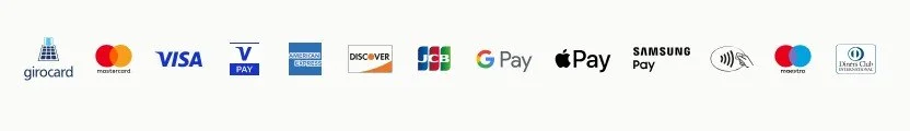 Logos der akzeptierten Zahlungsmethoden, darunter Girocard, Mastercard, Visa, American Express, Google Pay, Apple Pay und Samsung Pay.