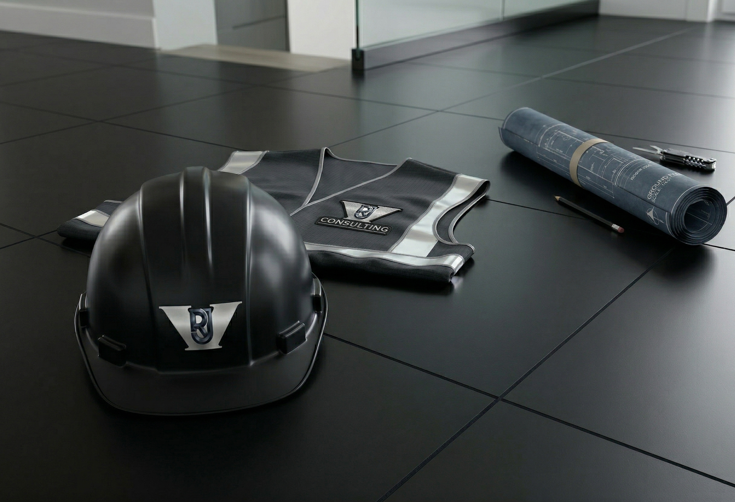 A black safety helmet, a striped safety vest with a consulting logo, a rolled-up blueprint, a pen, and a multi-tool on a black tiled floor.