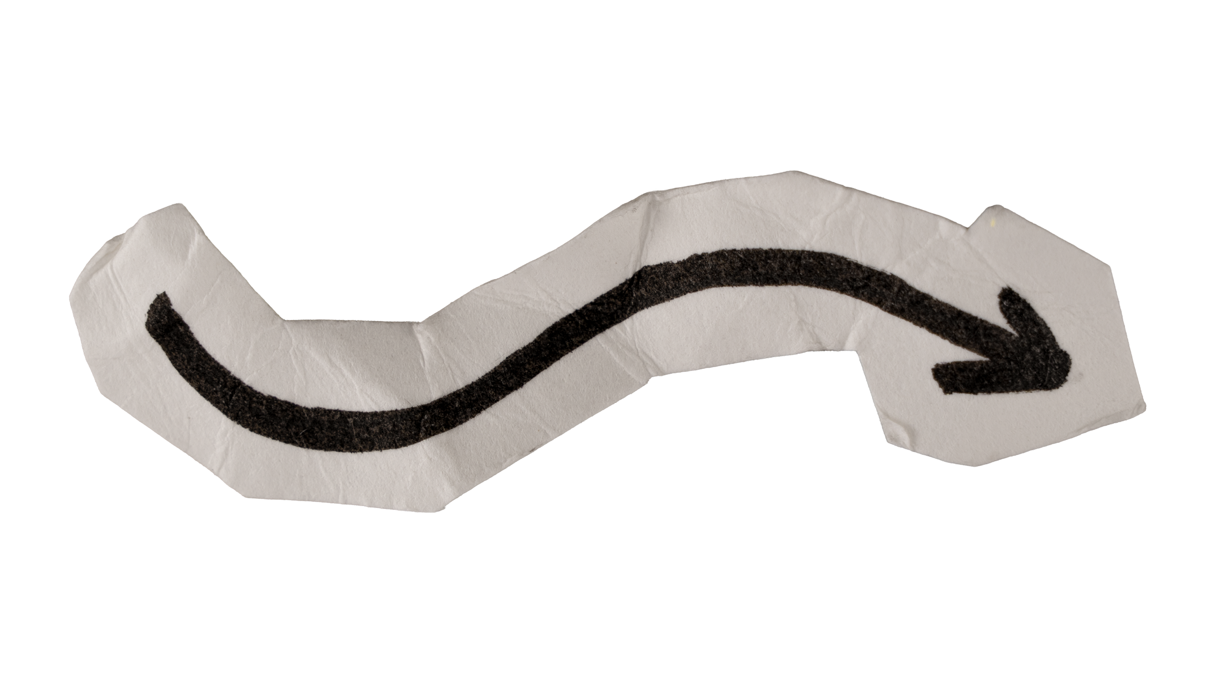 Crumpled white paper with a black wavy arrow pointing right.