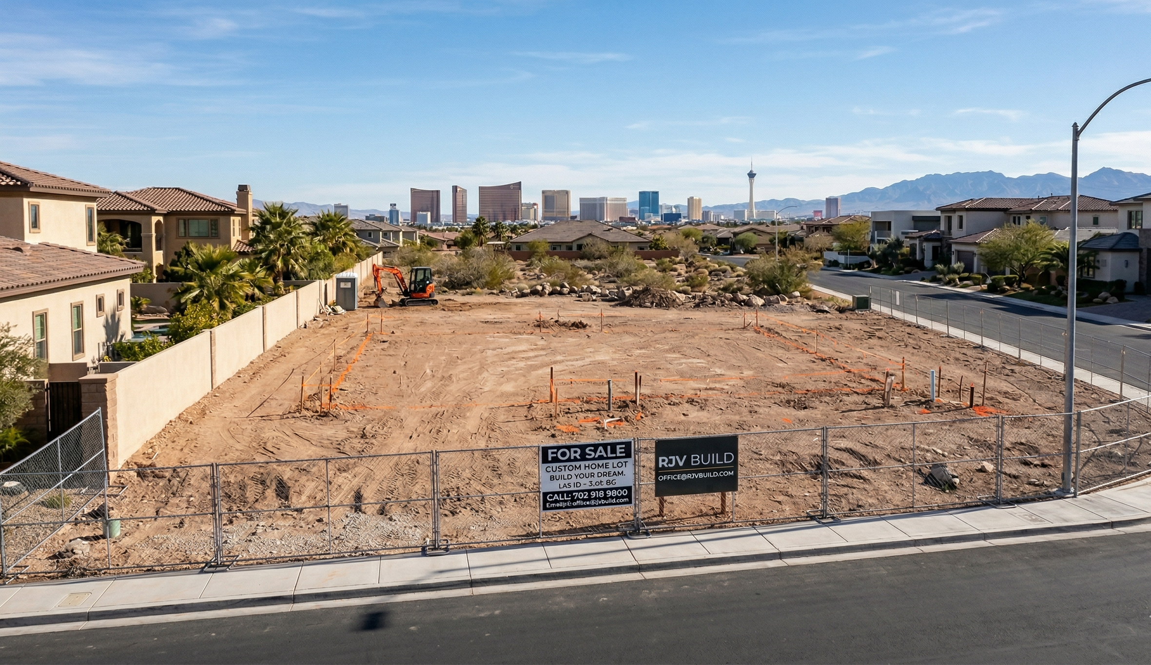 Empty lot under construction with a small excavator, surrounded by a temporary metal fence, in a suburban neighborhood with a city skyline and mountains in the background.