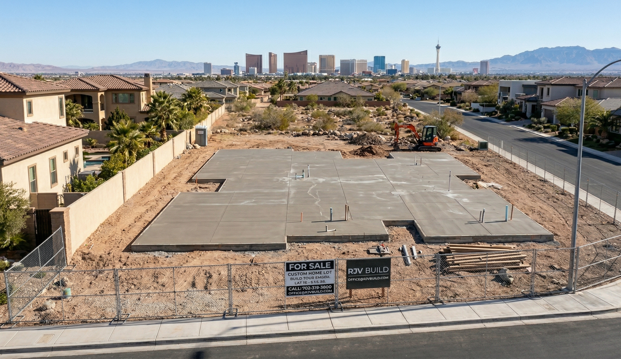 Construction site with concrete foundation for a new house in a suburban neighborhood, surrounded by a fence, with neighboring houses and mountains in the background.