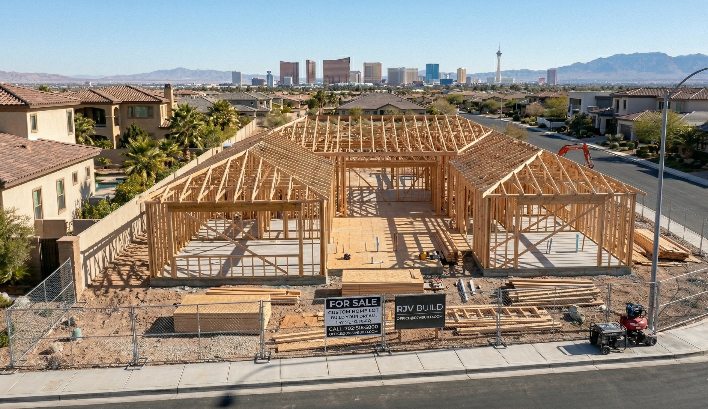 Construction site of a new house with wooden framing under a clear blue sky, in a residential neighborhood with palm trees, houses, and a city skyline in the background.