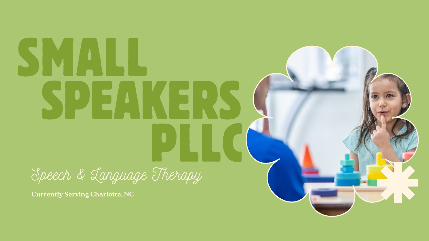 A flyer for Small Speakers PLLC, a speech and language therapy service in Charlotte, NC, with a photo of a young girl and therapist in a colorful therapy session.