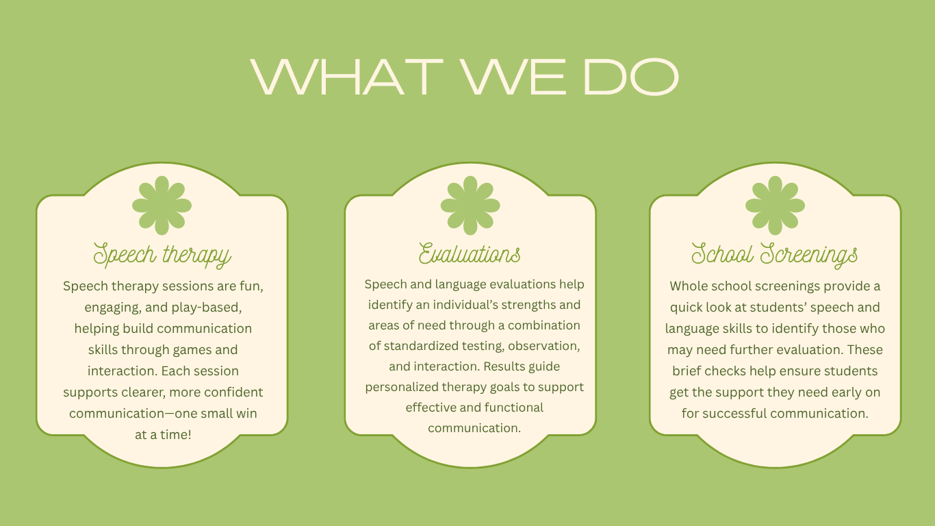 A green infographic titled 'What We Do' with three sections: Speech Therapy, Evaluations, and School Screenings, each describing different services.