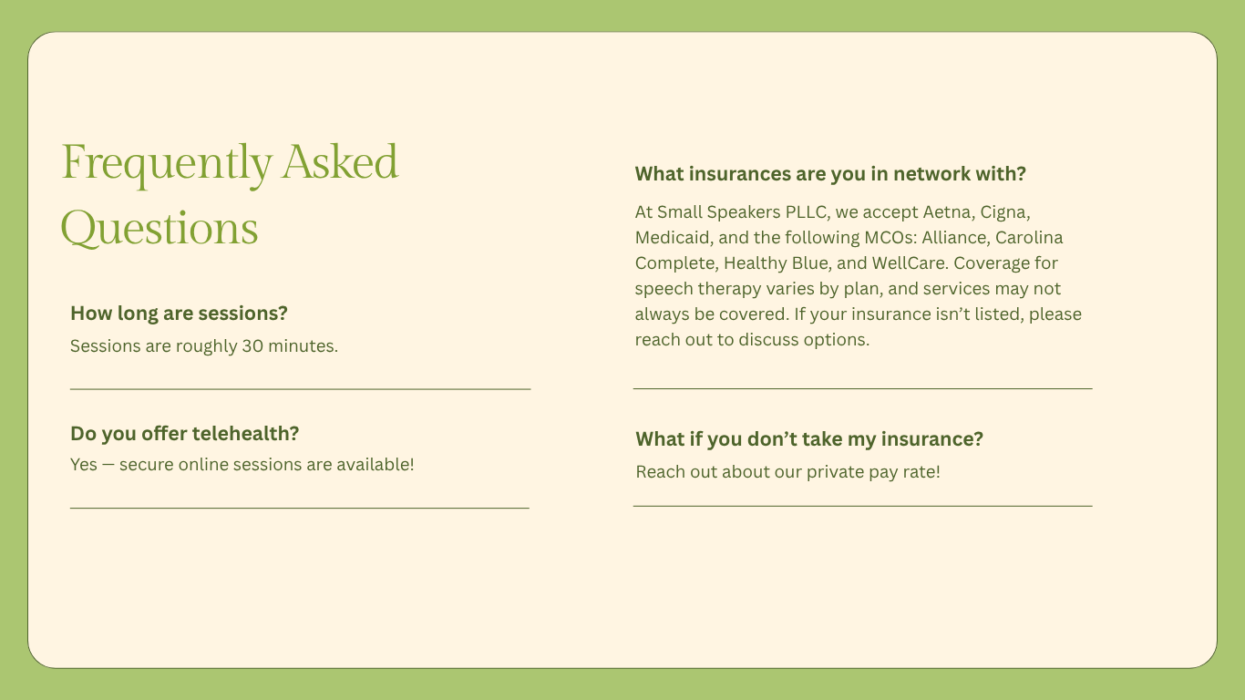 FAQ section with questions and answers about speech therapy and insurance, on a light green and beige background.