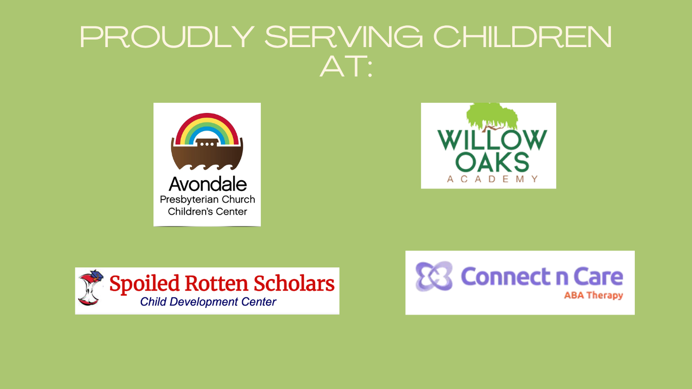A green background poster displaying logos of organizations serving children, including Avondale Presbyterian Church Children's Center, Willow Oaks Academy, Spoiled Rotten Scholars Child Development Center, and Connect n Care ABA Therapy, with the text "PROUDLY SERVING CHILDREN AT:" at the top.