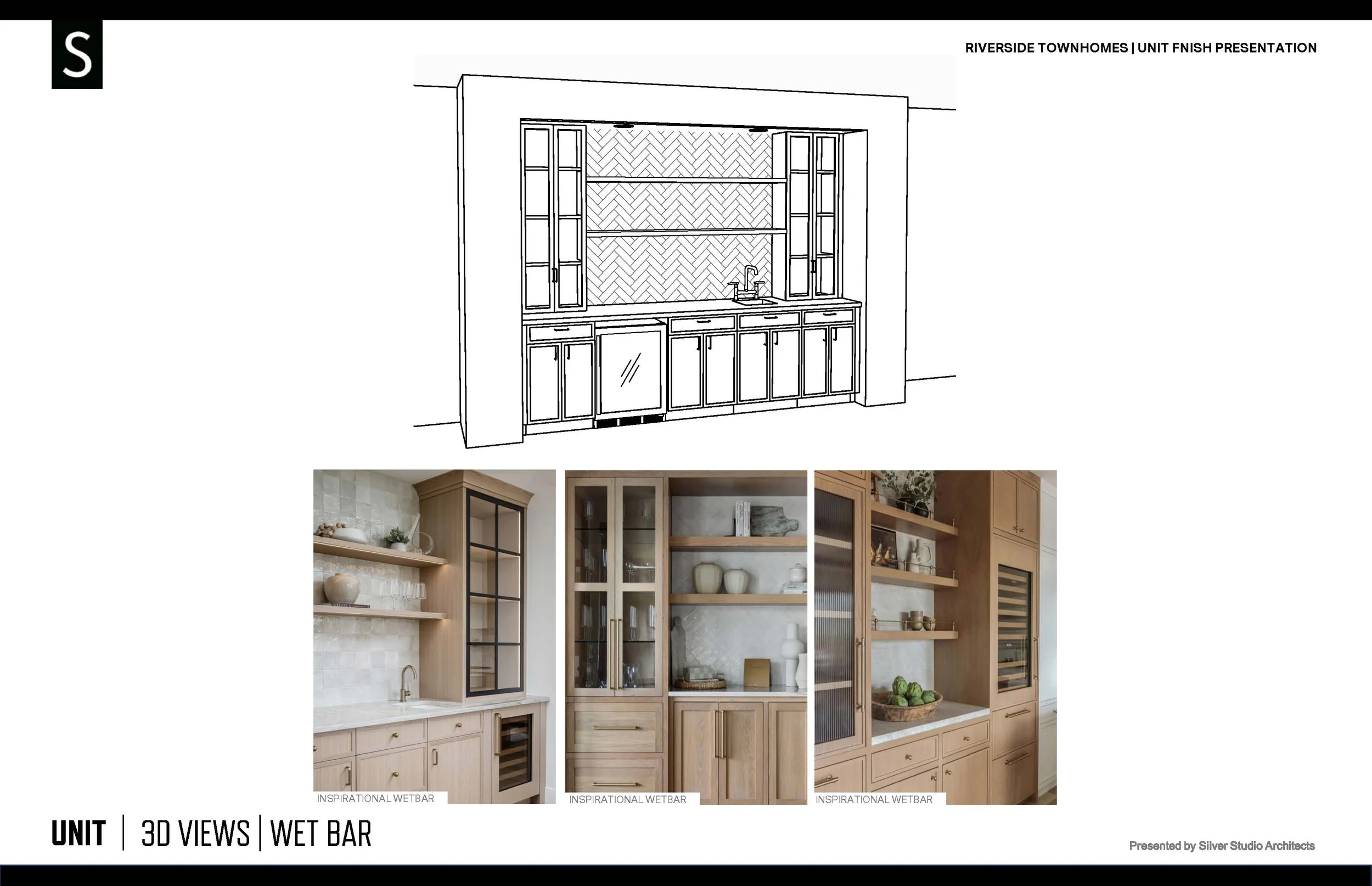 Sketch of a wet bar cabinetry design with glass-front upper cabinets, a backsplash, and lower cabinets with drawers and a small wine refrigerator; three color photos of different wet bar cabinet arrangements with wooden finishes, open shelving, and g