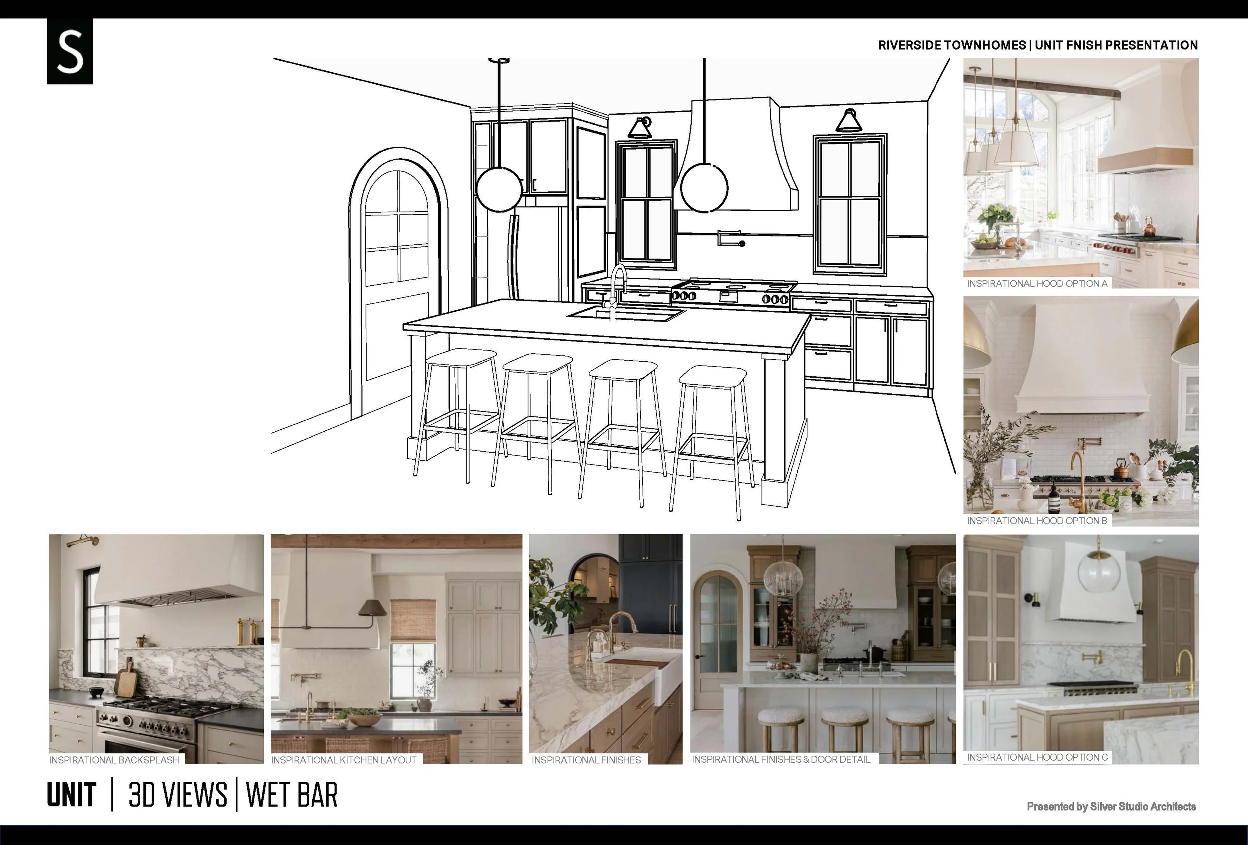 A kitchen design board displaying a black and white line drawing of a kitchen layout, with three inspirational photographs of kitchen styles and finishes on the right side and bottom, showcasing different cabinetry, countertops, and hood options.