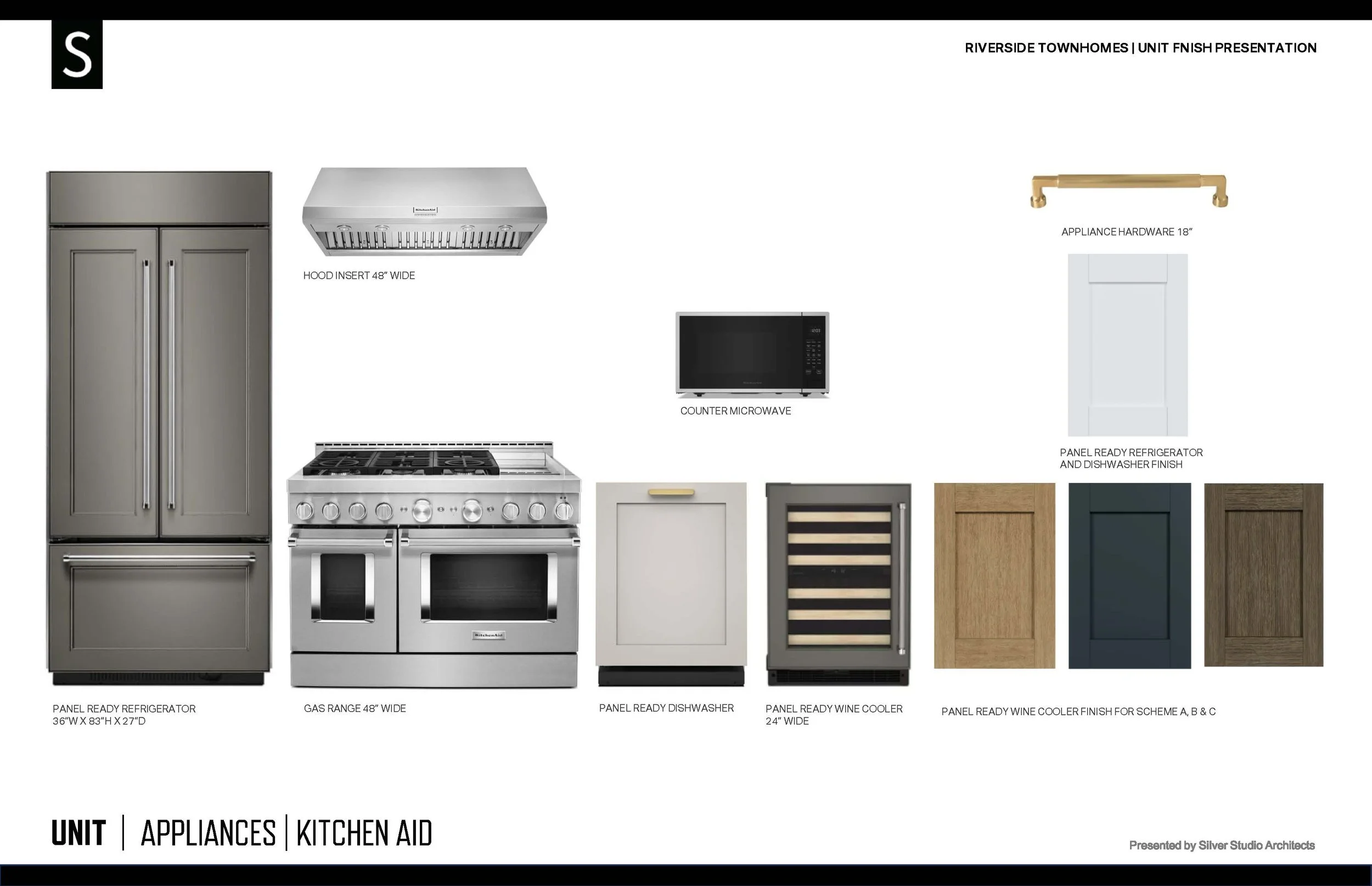Blueprint layout of kitchen appliances including a double-door refrigerator, hood insert, microwave, gas range, dishwasher, wine cooler, and assorted cabinet hardware and finishes.