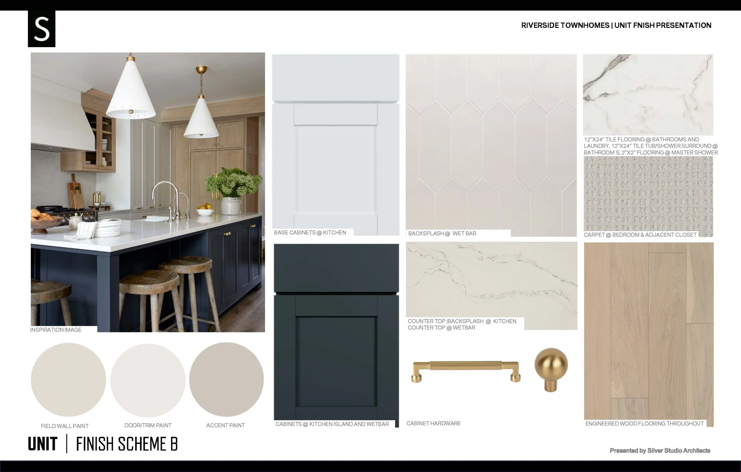 Interior design board for Riverside Townhomes, unit finish scheme B, featuring kitchen cabinetry in navy blue, white countertops, beige field wall paint, door trim paint, accent paint, marble and tile backsplash, bathroom and bedroom flooring, cabine