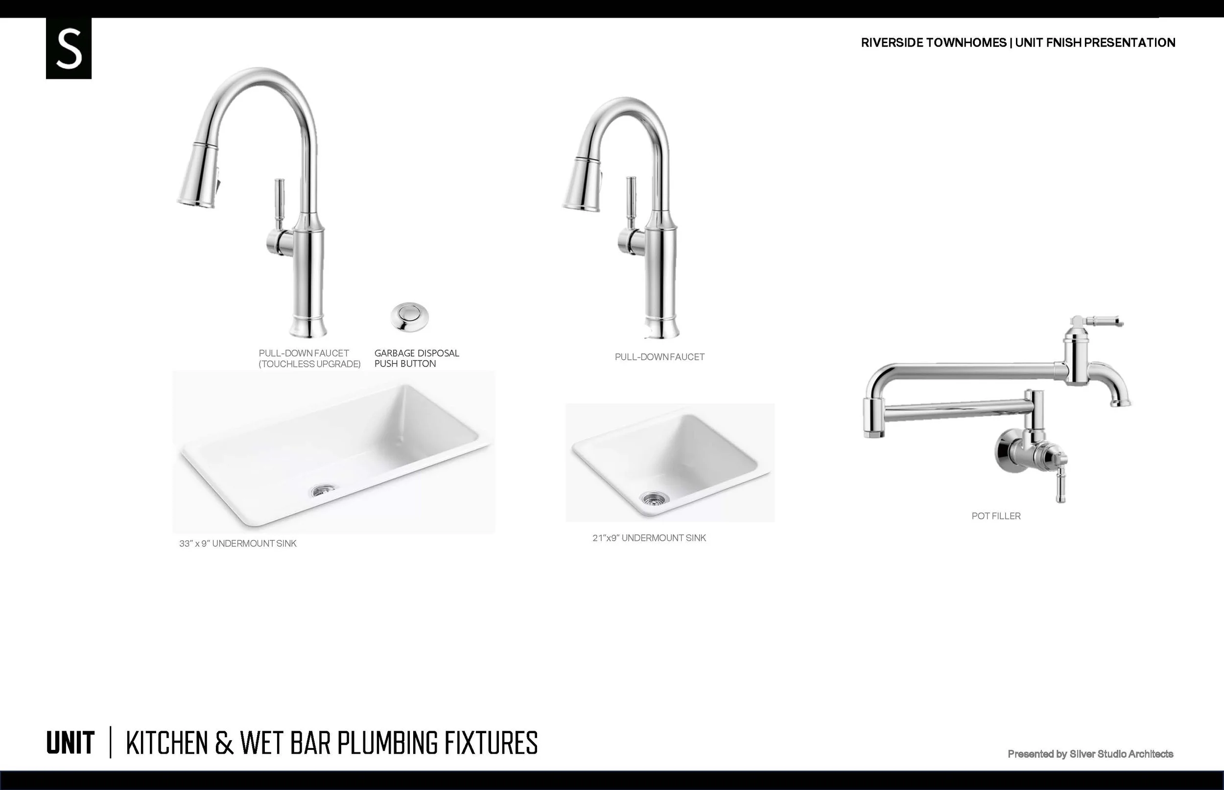 A presentation of kitchen and wet bar plumbing fixtures, including two long-neck pull-down faucets with touchless upgrade and garbage disposal push button, two undermount sinks (33" x 9" and 21" x 9"), and a pot filler faucet, all in a silver metal f