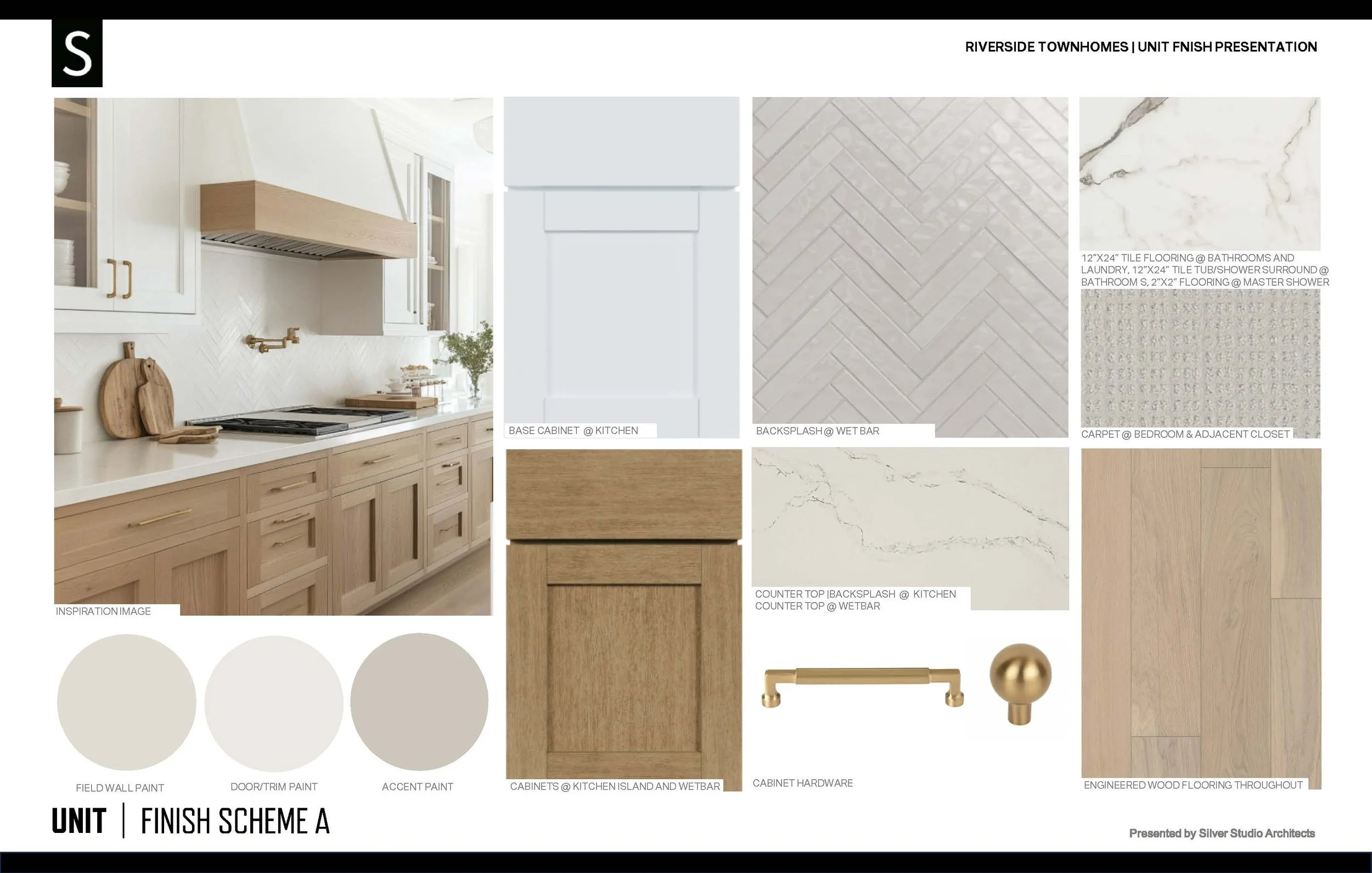 Design plan for a kitchen and adjacent rooms showing cabinetry, backsplash, floorings, and countertops with color and material swatches, including wood tones and marble patterns, titled 'Finish Scheme A'.