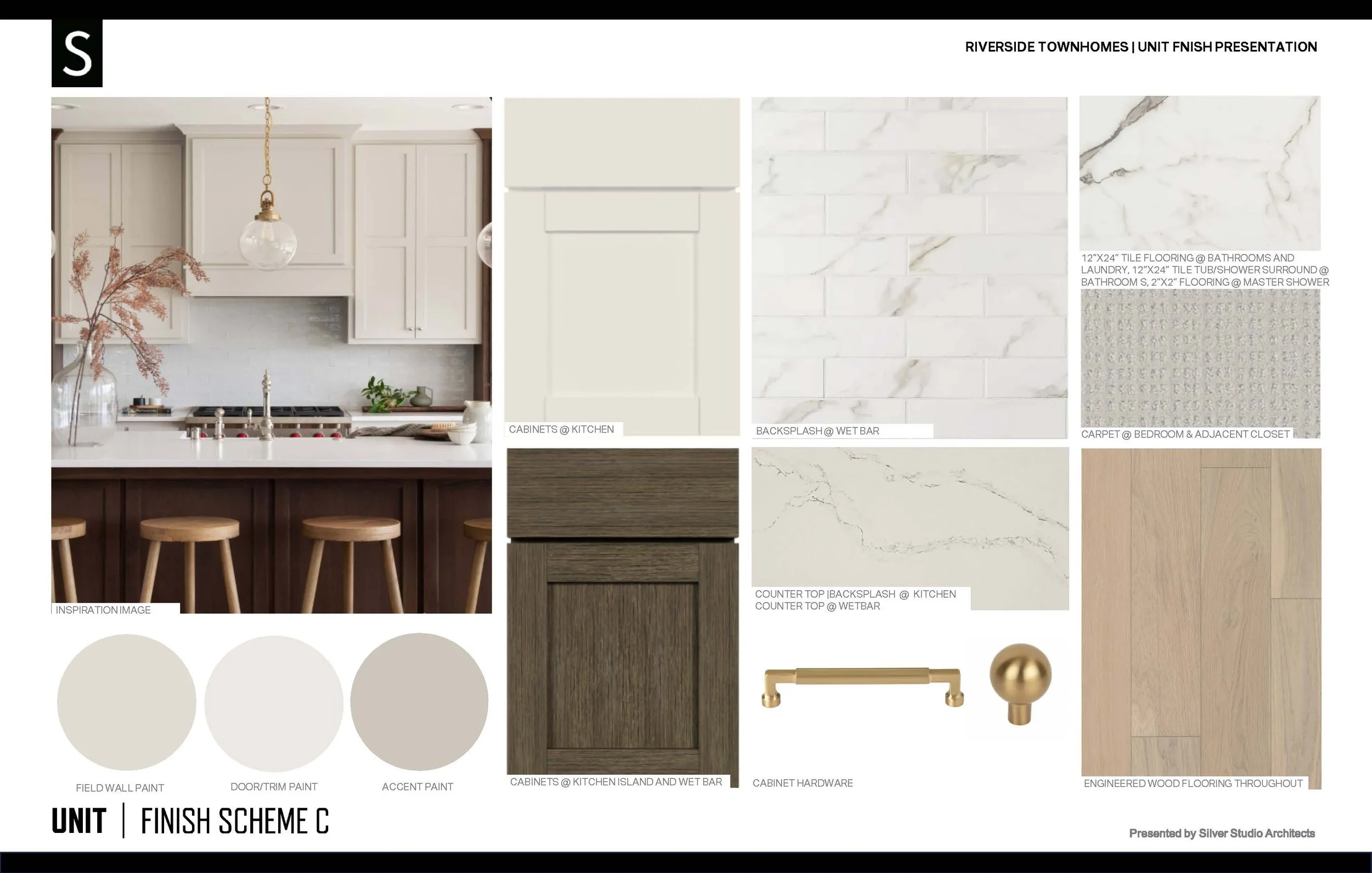 Design board for Riverside Townhomes Unit Finish Scheme C, showing kitchen cabinetry, countertops, backsplash tile, flooring, hardware, and paint swatches.