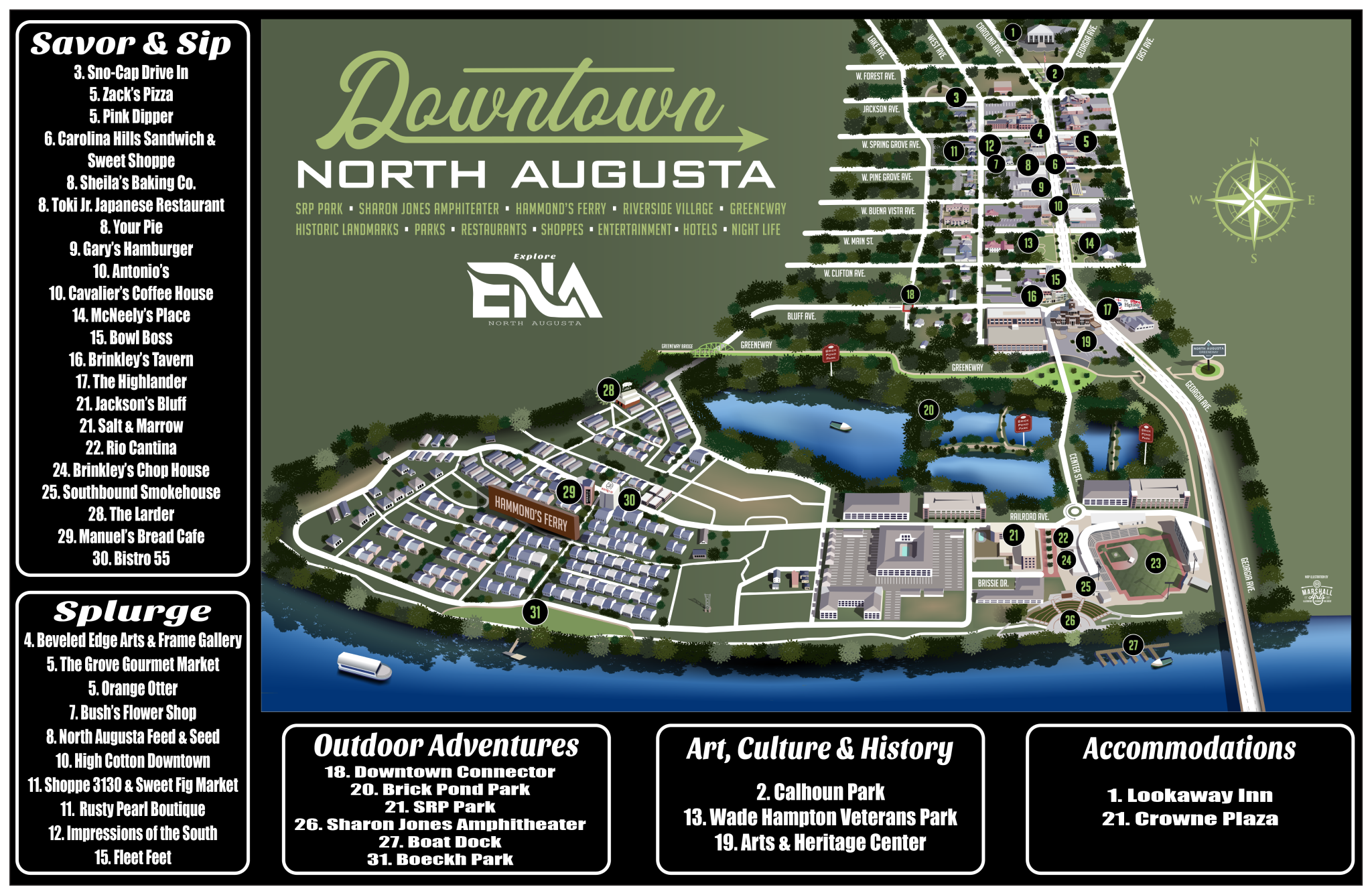 Map of downtown North Augusta, highlighting various parks, restaurants, shops, and attractions, with numbered locations and a legend on the left for categories such as Savor & Sip, Outdoor Adventures, Art, Culture & History, and Accommodations.