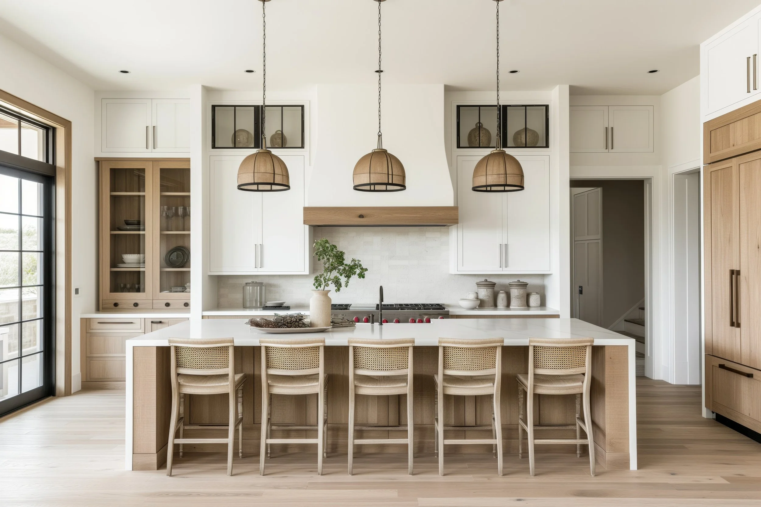 Modern kitchen with white and wood cabinets, a large kitchen island with seating, pendant lights, and a sliding glass door on the left.