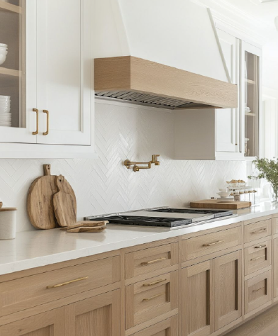 Modern kitchen with white cabinets, wooden drawers, a white countertop, and a white herringbone tile backsplash. There are cutting boards, a plant, and kitchen utensils on the counter. A wooden range hood is above the stovetop.