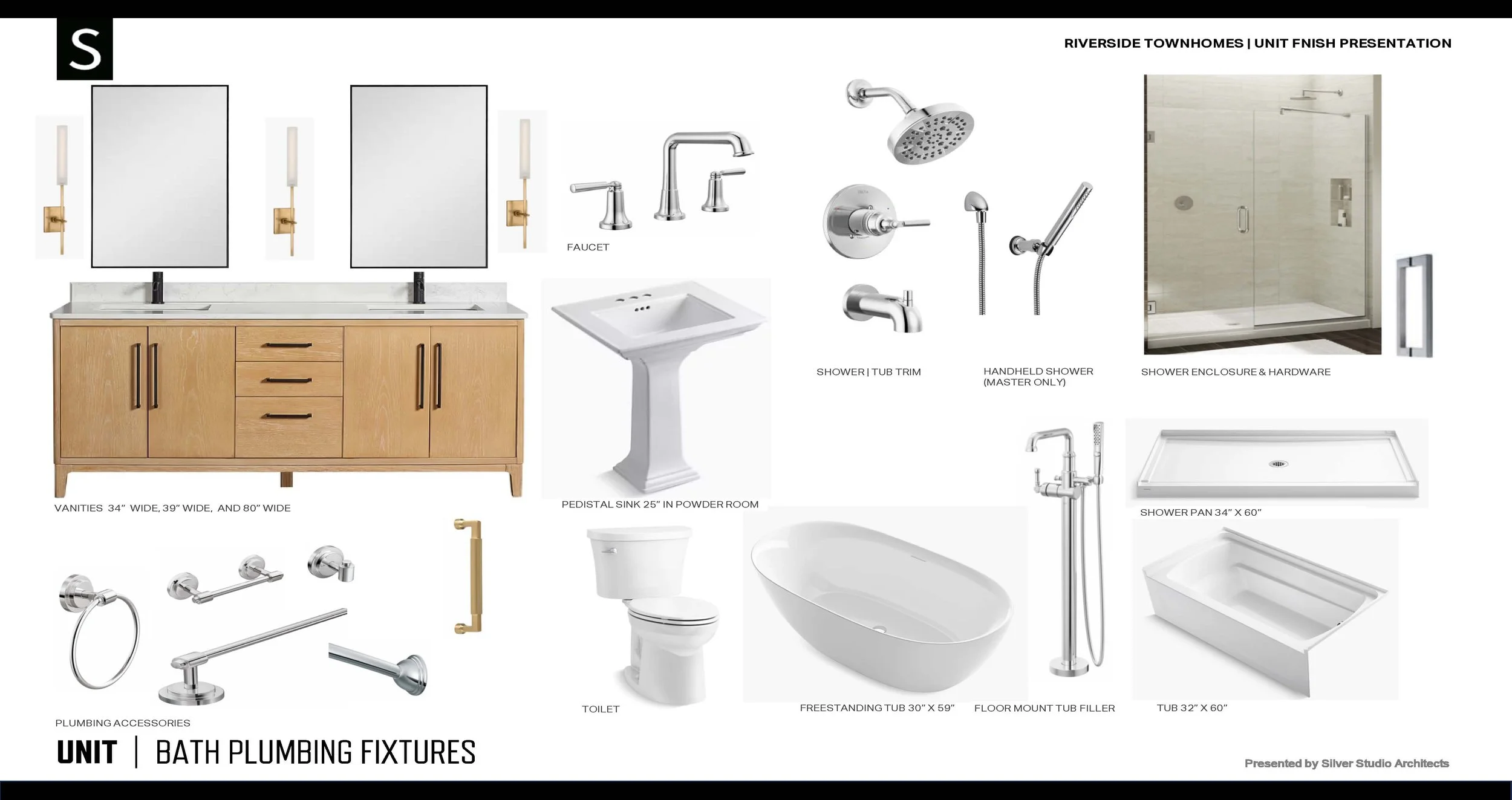 Bathroom fixtures layout including two vanities with mirrors and sconces, faucet, pedestal sink, shower accessories, shower enclosure, shower pan, bathtub, toilet, tub filler, and plumbing accessories, shown with measurements.