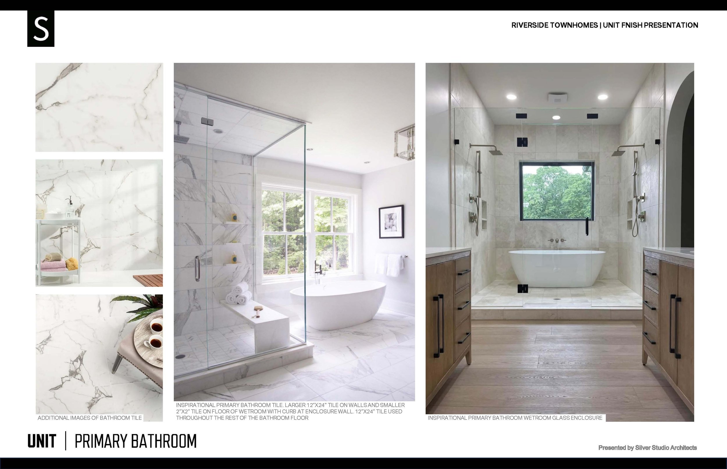 Design presentation of a primary bathroom featuring two bathrooms with marble tile walls and floors, a large window, a bathtub, walk-in showers with glass enclosures, wooden vanities, and a small seating area with tea cups.