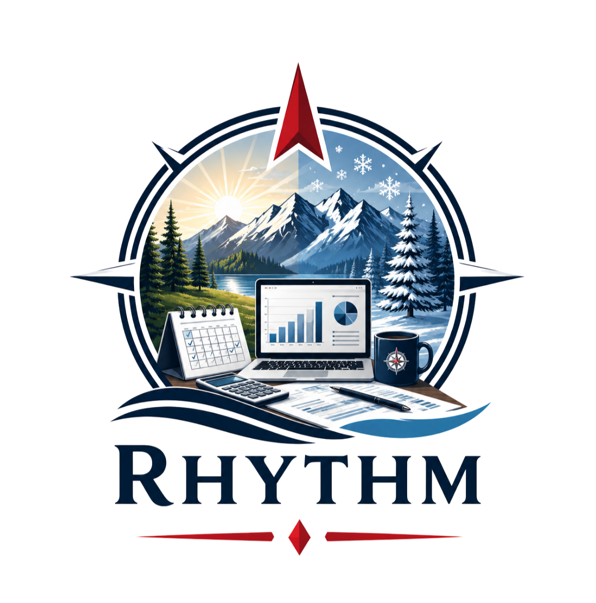 A graphic with a mountain landscape, showing a sun on the left and snow on the right, surrounded by evergreen trees. In front, there are office items including a calendar, a calculator, a laptop displaying graphs, a notebook, a pen, a coffee mug with a compass design, and scattered papers. The word 'RHYTHM' is written below.