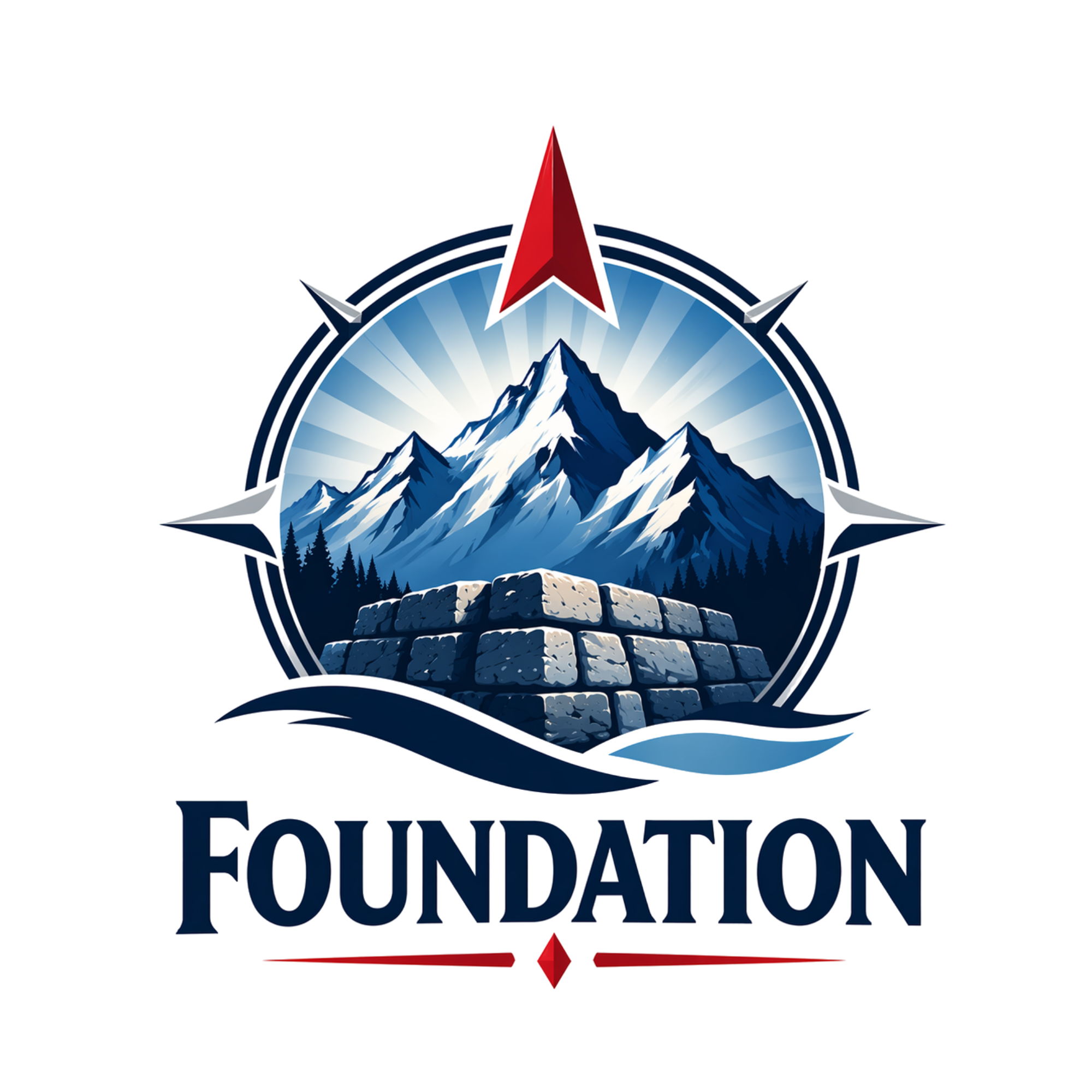 A mountainous landscape with snowy peaks, surrounding a logo with the words "Foundation" and an upward red arrow