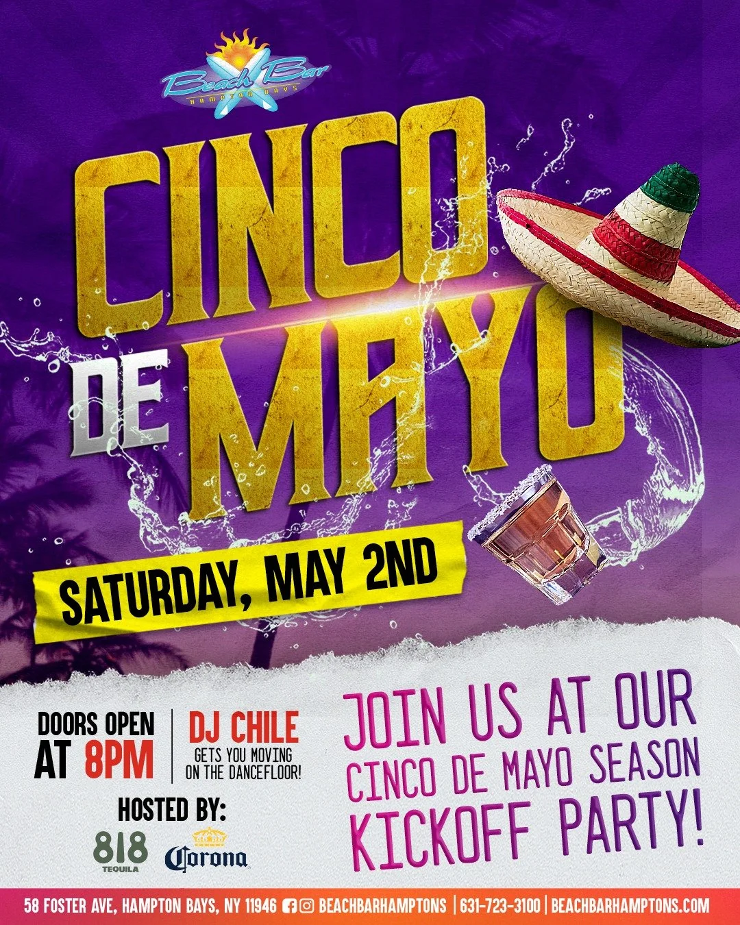 It's that time, Beach Bar is back! Don't miss the Cinco De Mayo Kickoff Party May 2nd hosted by 818 Tequila and Corona! Doors open at 8pm with LIVE MUSIC by DJ Chile, see you there! 🌶️🕺 @drink818 @corona