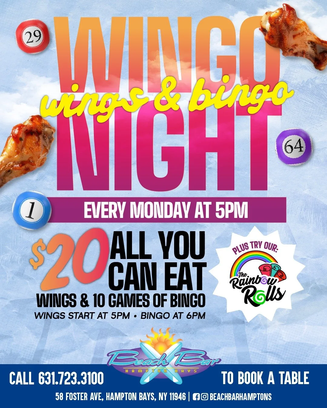 STARTING MONDAY JUNE 8TH!!!!!
$20 all-you-can-eat wings &amp; bingo night? Say less 🍗🔥! Wings start at 5 PM, bingo kicks off at 6PM, and the drinks keep flowing all night long.