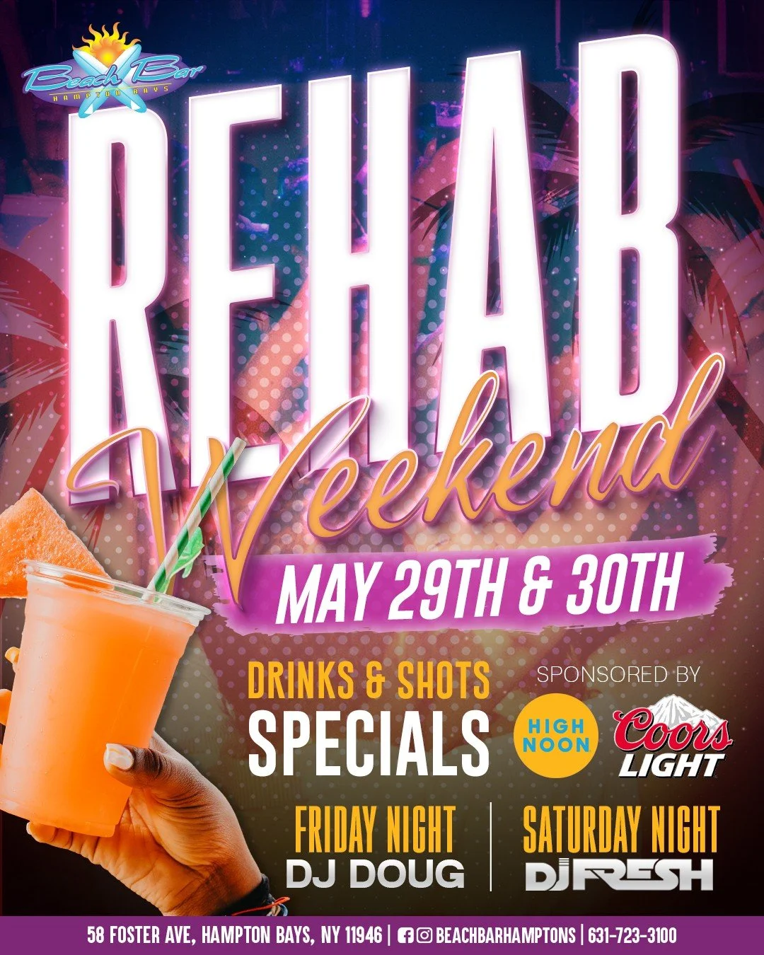Recover the only way that makes sense with Rehab Weekend. Indulge in drink and shot specials while @djdougny and @freshnycdjkeep the party going all weekend long.
