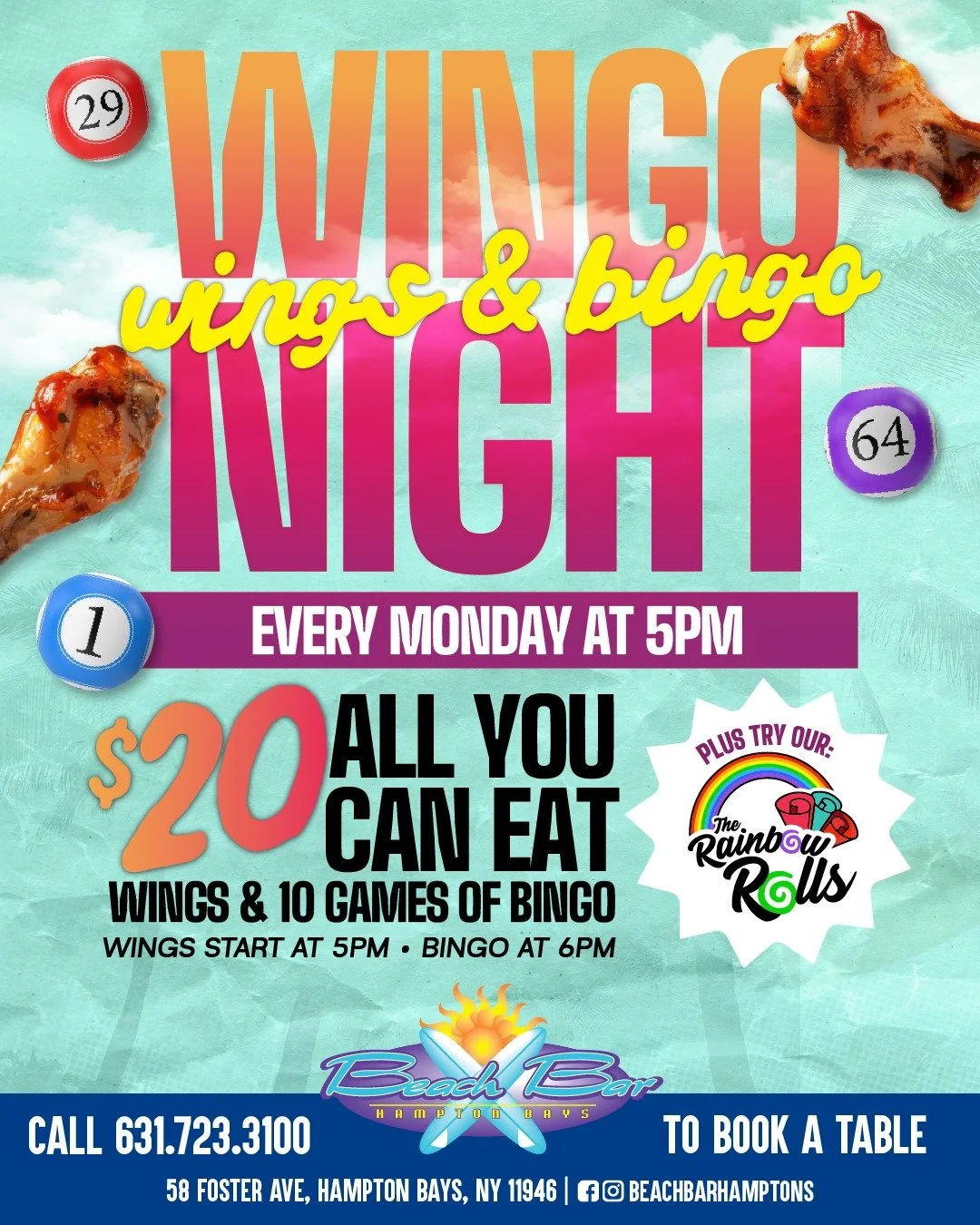 The only thing better than bingo is bingo with unlimited wings 🍗🎱🌴 Starting June 8th, Mondays at Beach Bar just became your new favorite tradition.