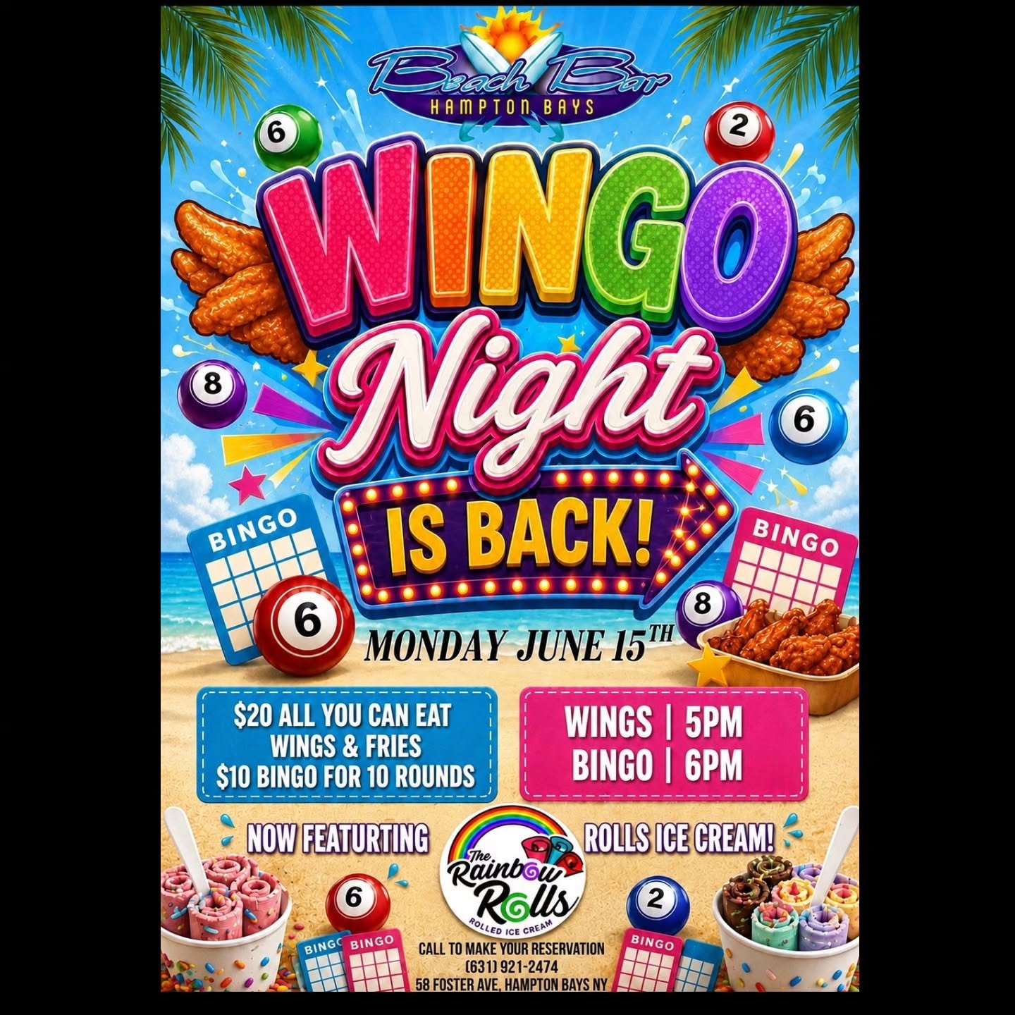 BEST WINGO IS BACK!!!! EVERY MONDAY!!!! RESERVATIONS GO FAST SO CALL UL @ 6319212474 TO MAKE YOUR RESERVATIONS.  RAINBOW ROLLS 🌈  WILL ALSO BE THERE EVERY MONDAY!!!