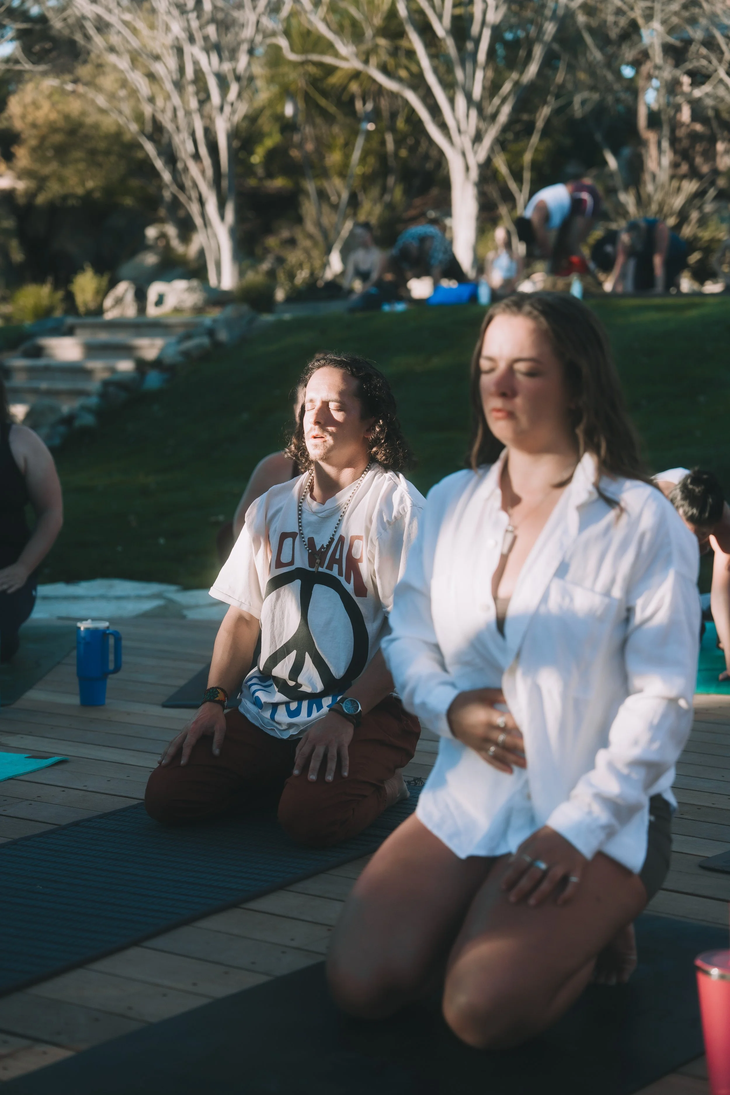 People practicing meditation outdoors in a park during sunset.