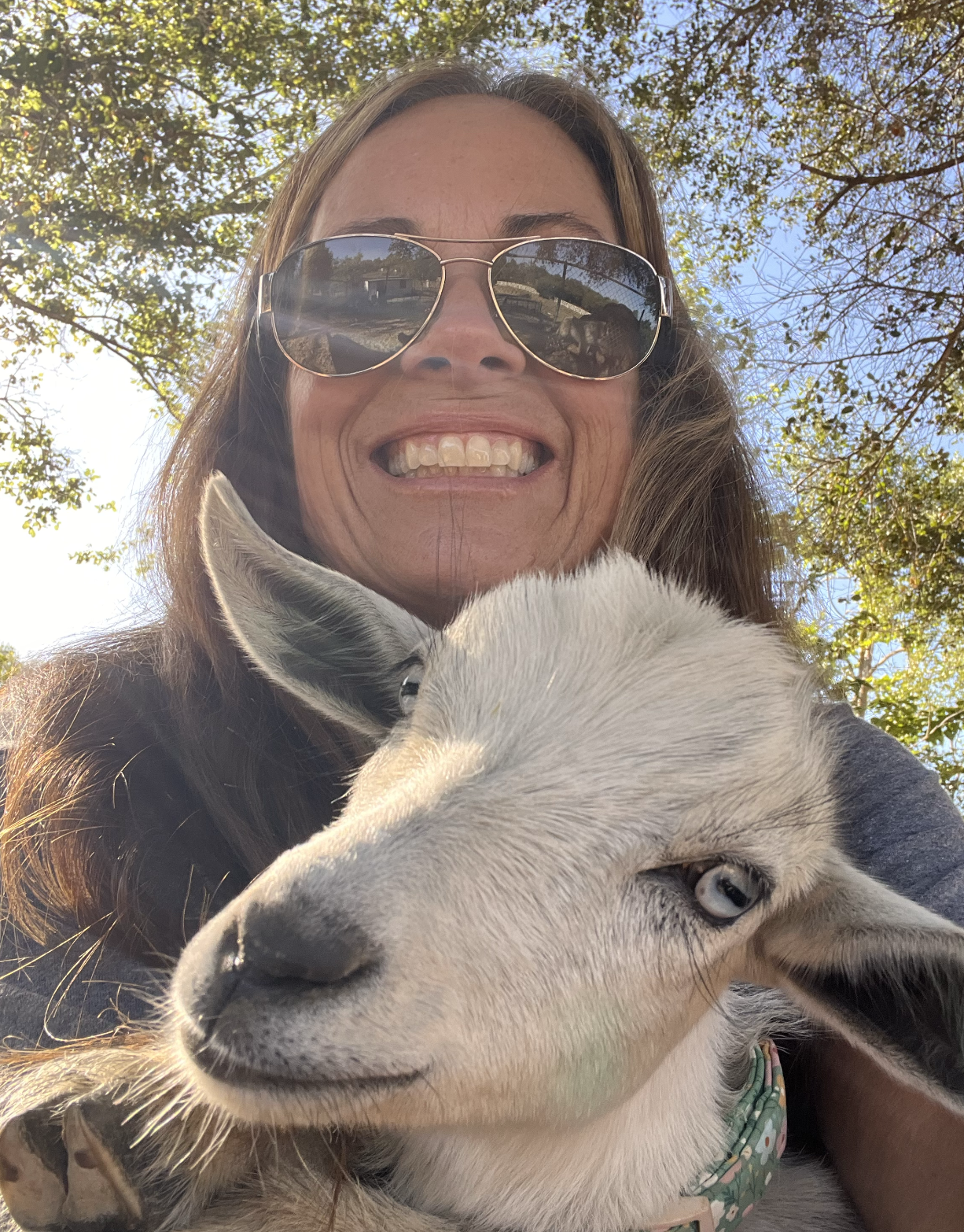 A woman smiling while holding a white and gray puppy outdoors, with trees and blue sky in the background, wearing sunglasses.