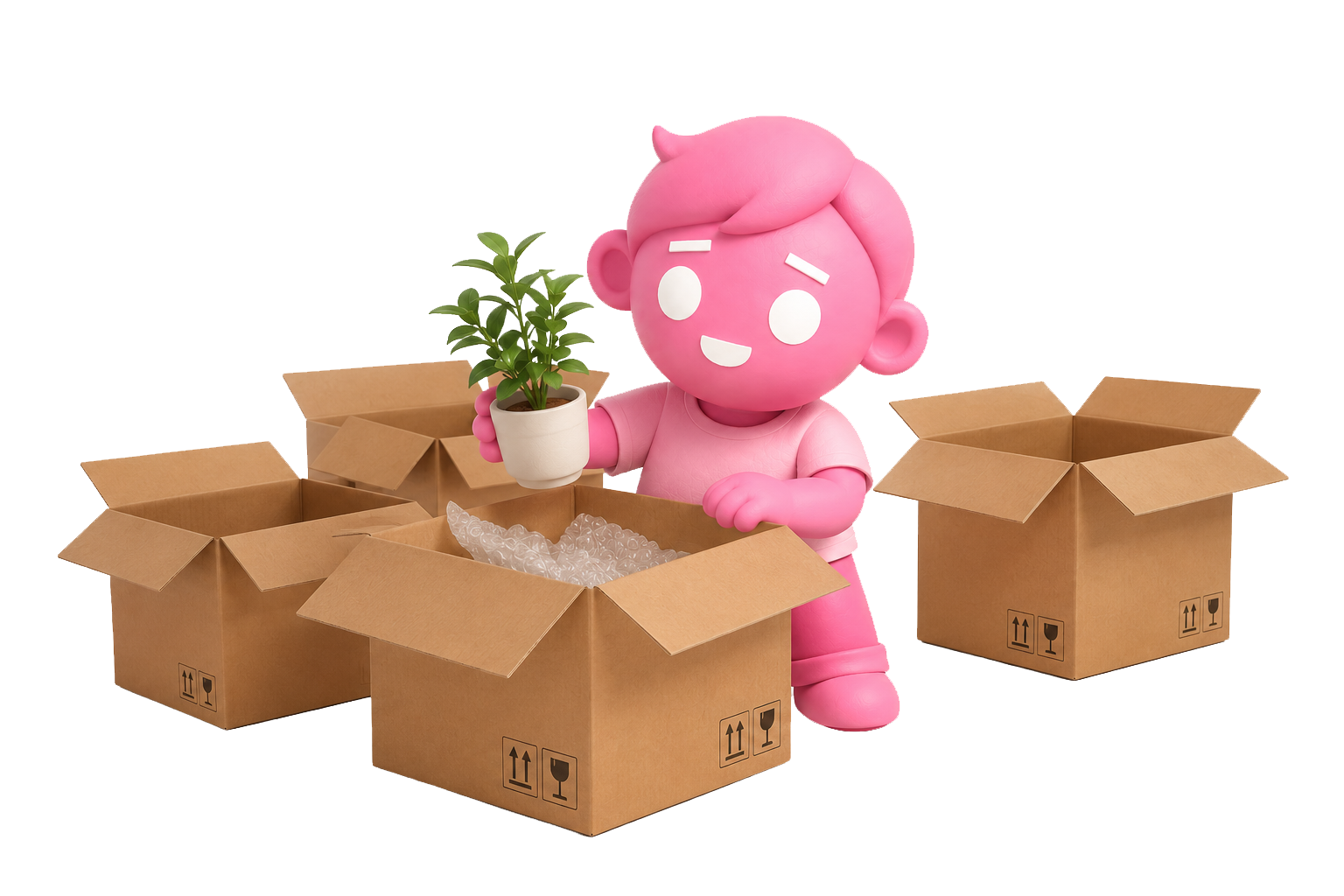 Een cartoon-achtig figuur met roze huid en haar, die een plant vasthoudt terwijl ze tussen drie open dozen staat.