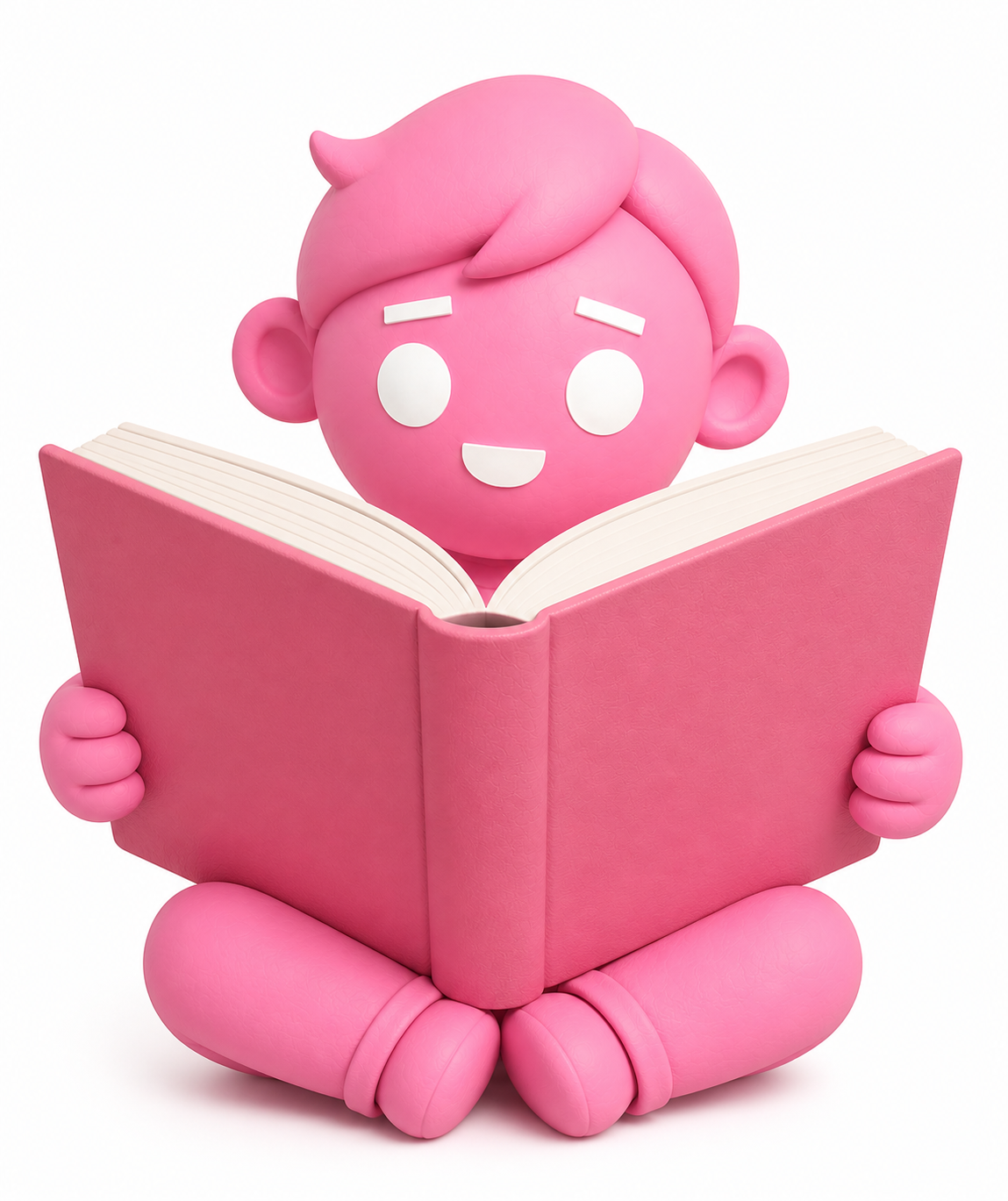 Een roze cartoonfiguur met groot hoofd en grote oren, zittend met gekruiste benen en een open boek in de handen, lachend en genietend van het lezen.